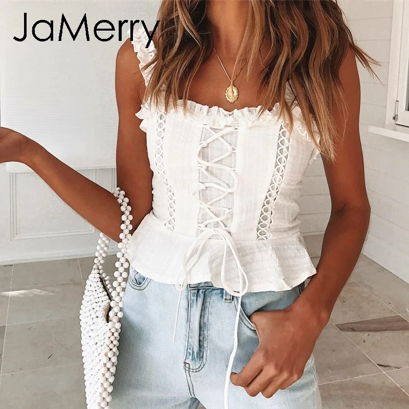 

JaMerry Vintage sexy white lace women tank tops Strap ruffle crop top camis female Summer hollow out lace up camisole tops 2019