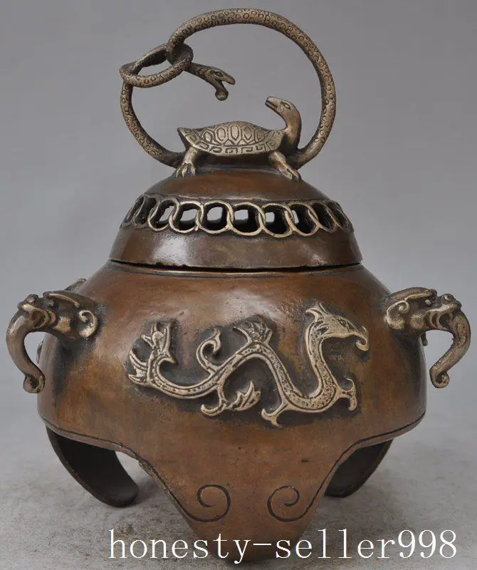 

9" old china Classical bronze fengshui Snake Turtle dragon statue incense burner
