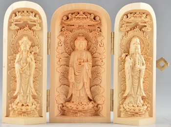 

Free shipping Superb Boxwood Buddha Kwan-yin Statue Hand High Difficult Sculpture Amulet Box