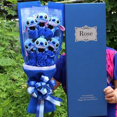 

Artificial Lovely Cartoon Plush Toys Stitch Festivals Gift Bouquet with Fake Flowers For Valentine's Day Wedding Party Decora