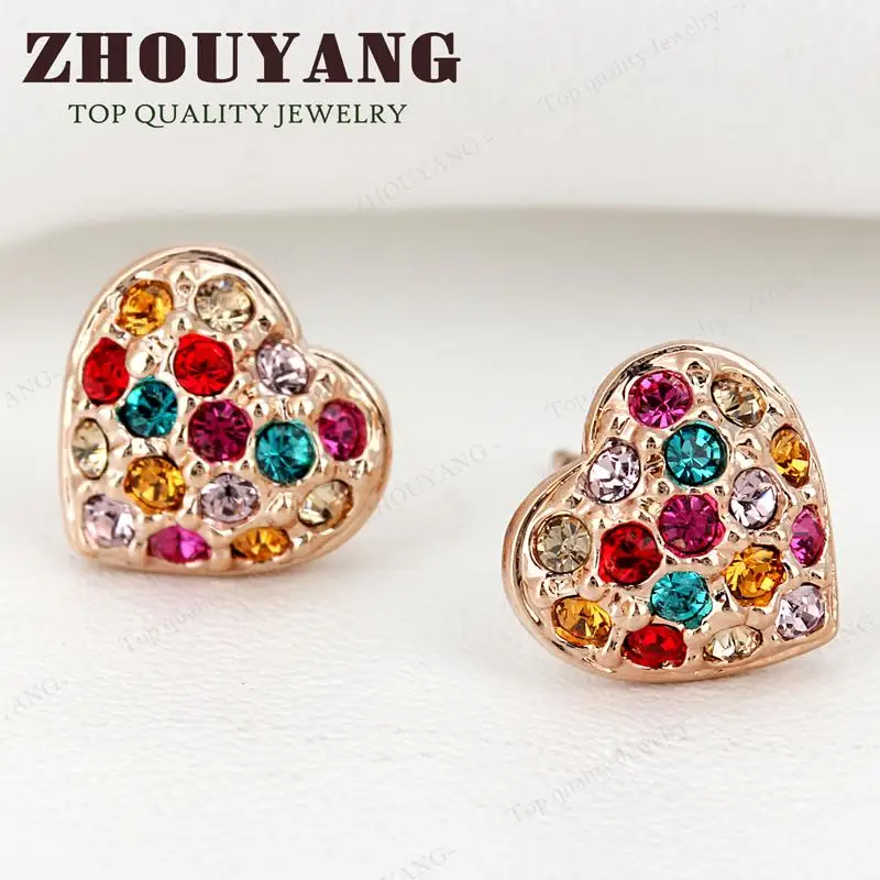 ZHOUYANG Top Quality Multicolour Heart Rose Gold Color Stud Earrings Genuine Austrian Crystal Wholesale ZYE012