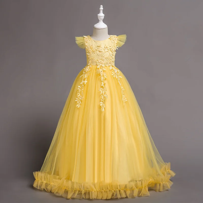 

Girl Lace Round Collar Long Flower Dress Prom Gown Ball Bride Wedding Party Ruched Pricess Vestido Clothes Girl Birthday Gift