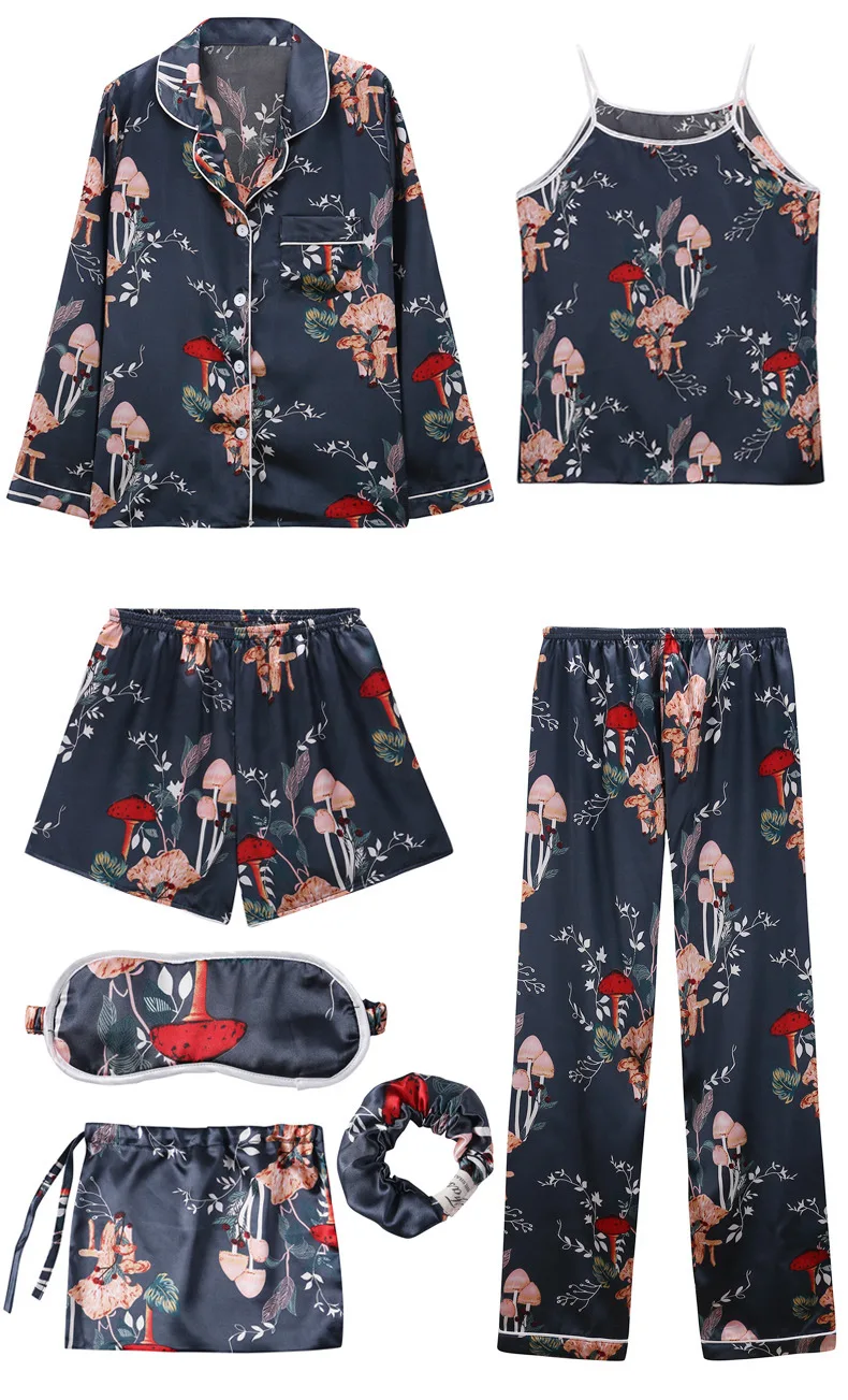 Для женщин Летние пижамы наборы Шелковая пижама, 7 шт. комплекты пижамы Для женщин с печатным рисунком и длинным рукавом, одежда для сна, одежда с отложным Пижама с воротником