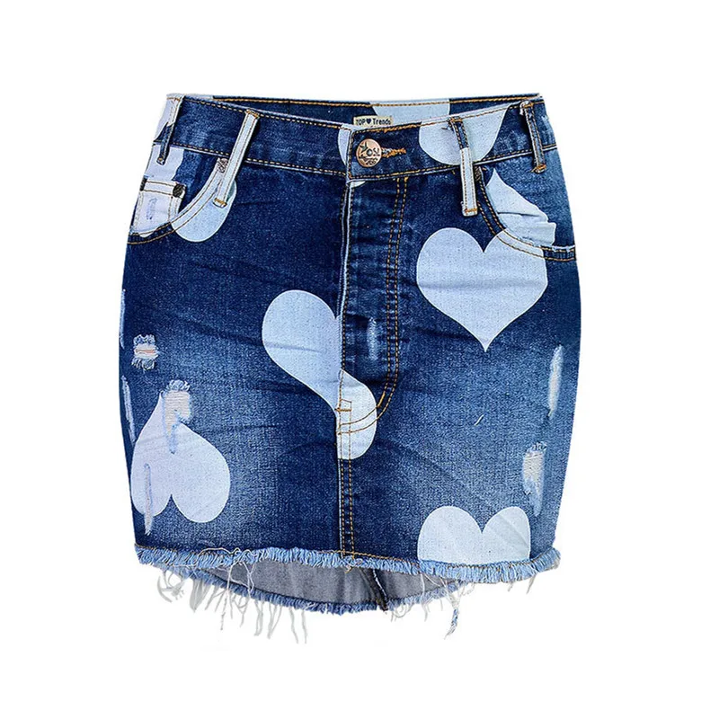 Heart shaped Printed Jeans Skirts Blue Breasted Short Skirt For Lady