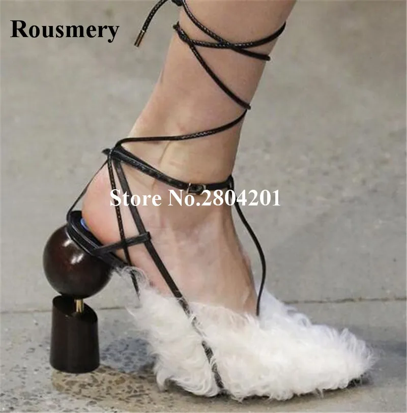 

2018 Newest Fashion Design Shoes Women Fur Slingback Pointed Toe Ankle Strap Lace Up Strange Heel Pumps Sexy Party Dress Shoes