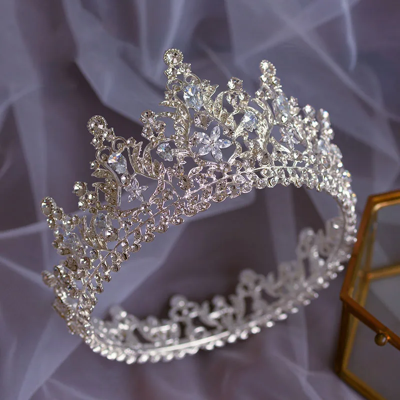 Luxury Silver Round Tiaras And Crowns Crystal Zirconia Queen Princess Diadem Bridal Jewelry For Wedding Women Hair Accessories