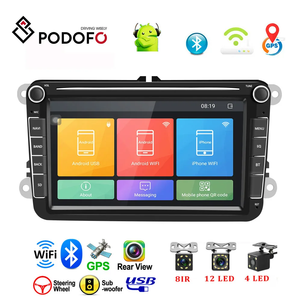 Podofo Android 8,1 Автомобильный мультимедийный dvd-плеер 2 Din " gps навигация Авторадио для Skoda VW Passat B6 Polo Golf 4 5 Touran Seat