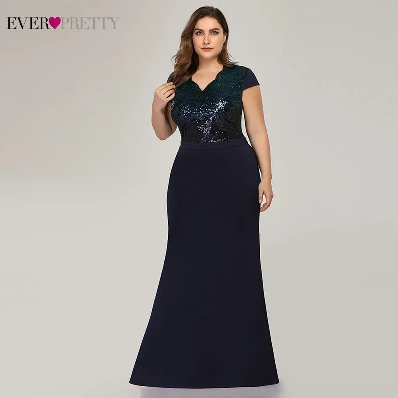 Plus Size Sequined Mermaid Long Prom Dresses 2020 Ever Pretty V-Neck Short Sleeve Elegant Women Party Vestidos De Gala | Свадьбы и