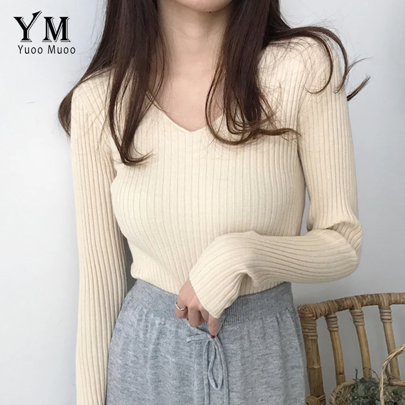 YuooMuoo 2019 V neck Autumn Sweater Women High Quality Casual Pink Sweater Pullover Winter Tops Women Knitwear Ladies Jumpers