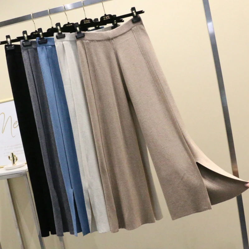 

Autumn Winter Womens Cashmere Blend Knitted Wide Leg Ankle Pants Elastic Waist Hem Split Loose Knit Trousers Blue Gray Khaki