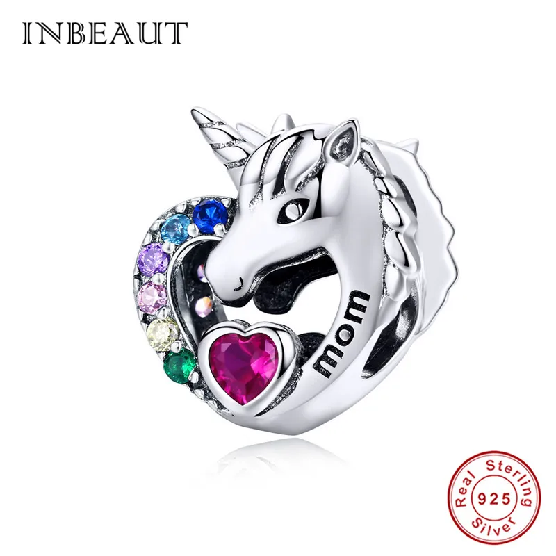 

INBEAUT 100% 925 Sterling Silver Red Heart Zircon Unicorn Beads fit Pandora Bracelet Mother Letter Charms for Jewelry Making