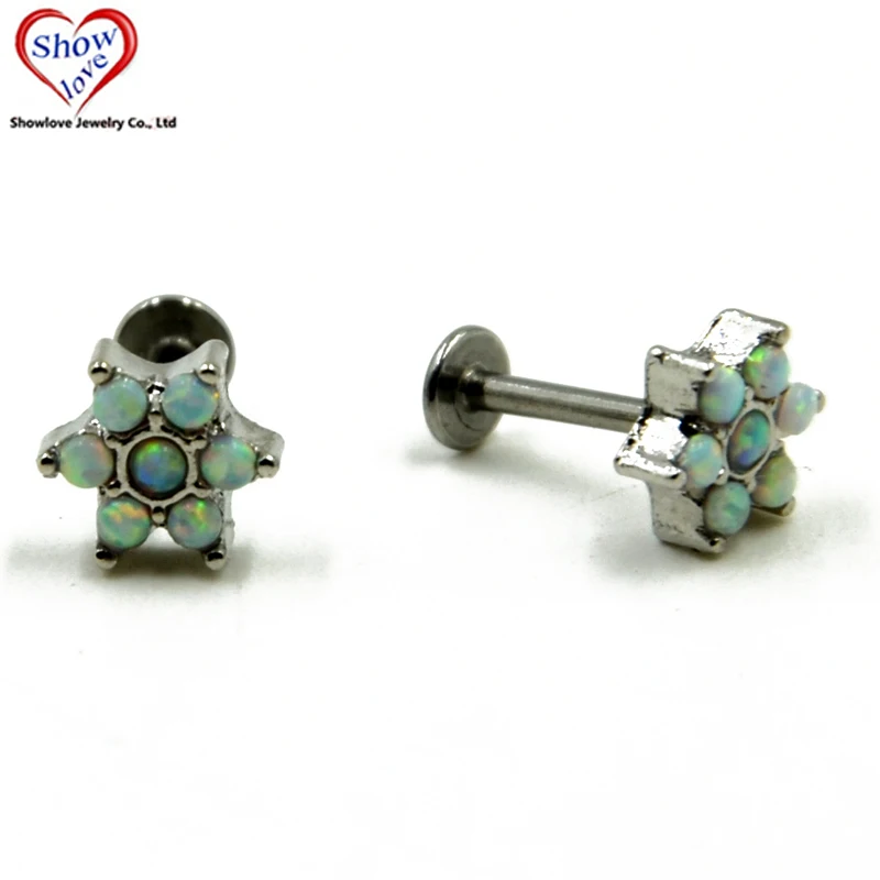 Showlove-1pcs 16G Flower Opal Gem Labret Monroe Lip Tragus Studs Piercing Body Jewelry