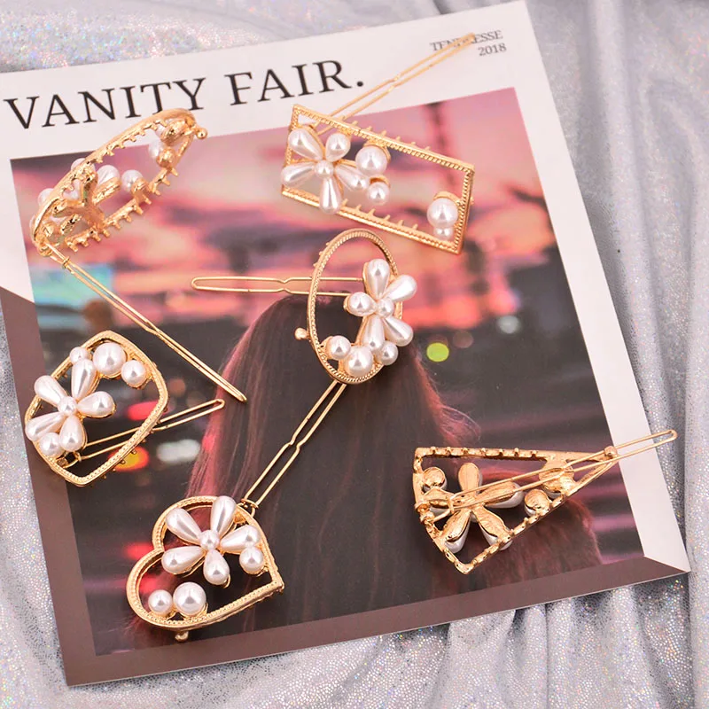 

New Fashion Gold Alloy Pearl Hair Clips For Women Geometric Heart Round Female Elegant Hairpins Barrette Girls Hair Accessories