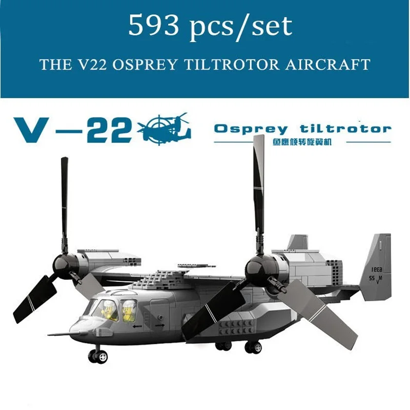 

593PCS Military Army V22 Osprey Tiltrotor Aircraft Fighter Model Building Block Aircraft Pilot Figure Brick Educational Toy