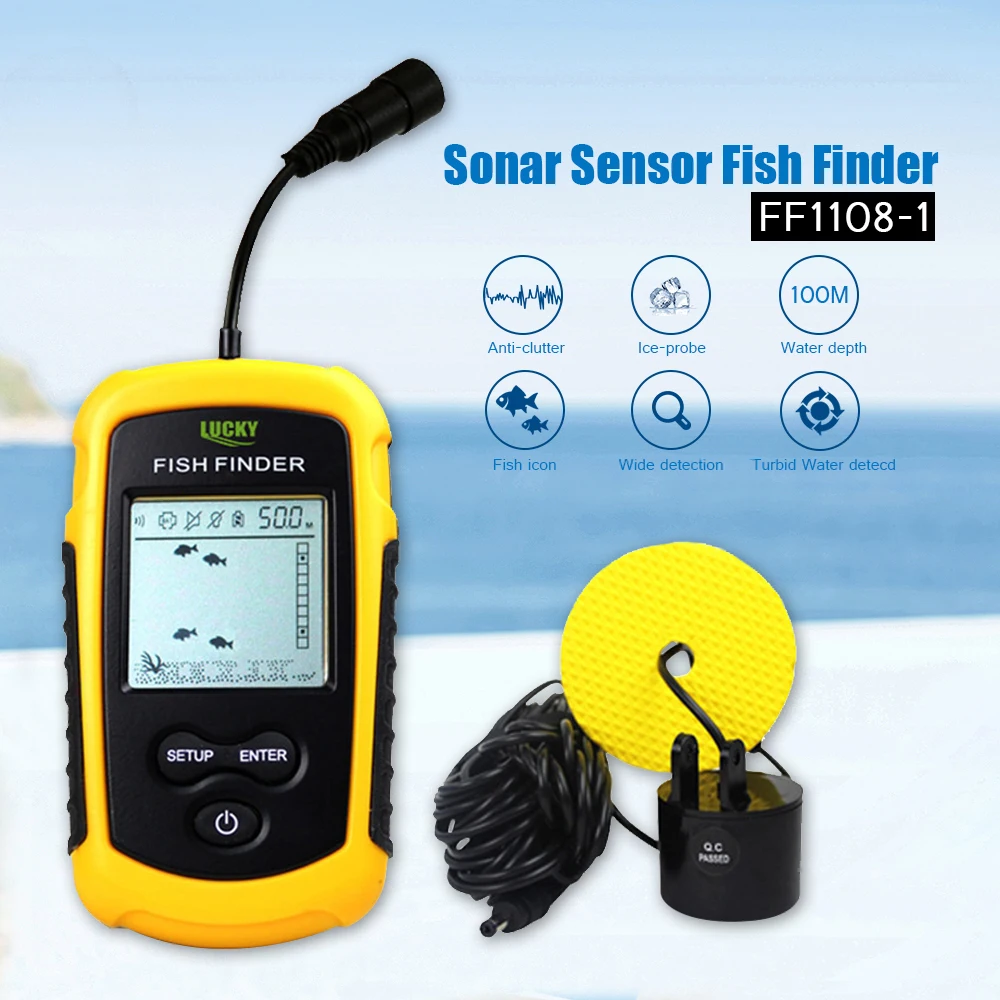 REFURBISHHOUSE FF1108-1 Tragbar Sonar Alarm Fisch Finder Echolot 0.7-100M Transducer Sensor Tiefenfinder # B3 Gelb 