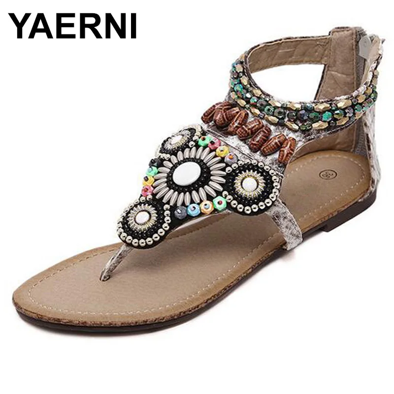 YAERNI 2019 بوهيميا الشقق صنادل طراز جلاديتور الصيف مطرز الانزلاق على الوجه يتخبط عارضة الراحة الأحذية امرأة حجم 35-40 E840
