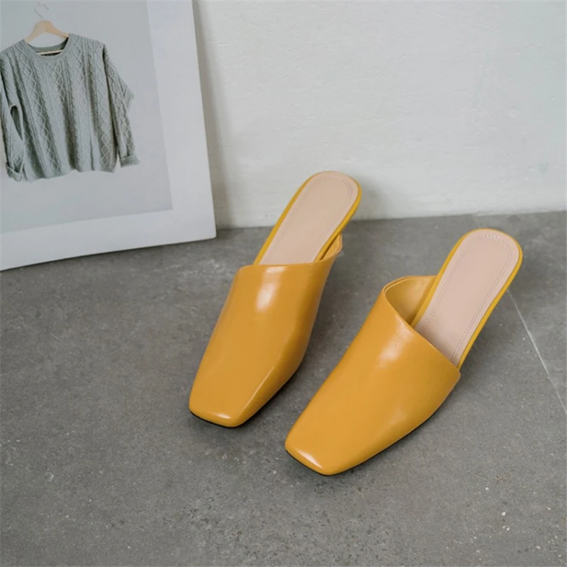 Ouqinvshen Square Toe Women Slippers Summer Yellow Fashion Outdoor Rubber Mules High Heels Genuine Leather Shoes Woman 2019 Ouqinvshen Square Toe Women Slippers Summer Yellow Fashion Outdoor Rubber Mules High Heels Genuine Leather Shoes Woman 2019