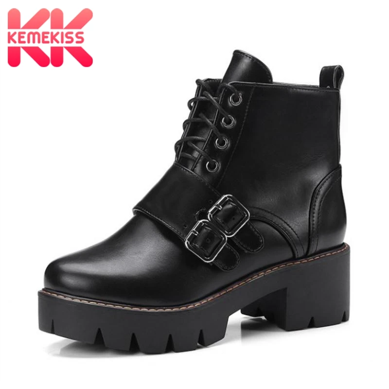 

KemeKiss Women High Heels Ankle Boots Lace Up Warm Fur Shoes Woman Fashion Buckle Platform Boots Winter Punk Shoes Size 32-43