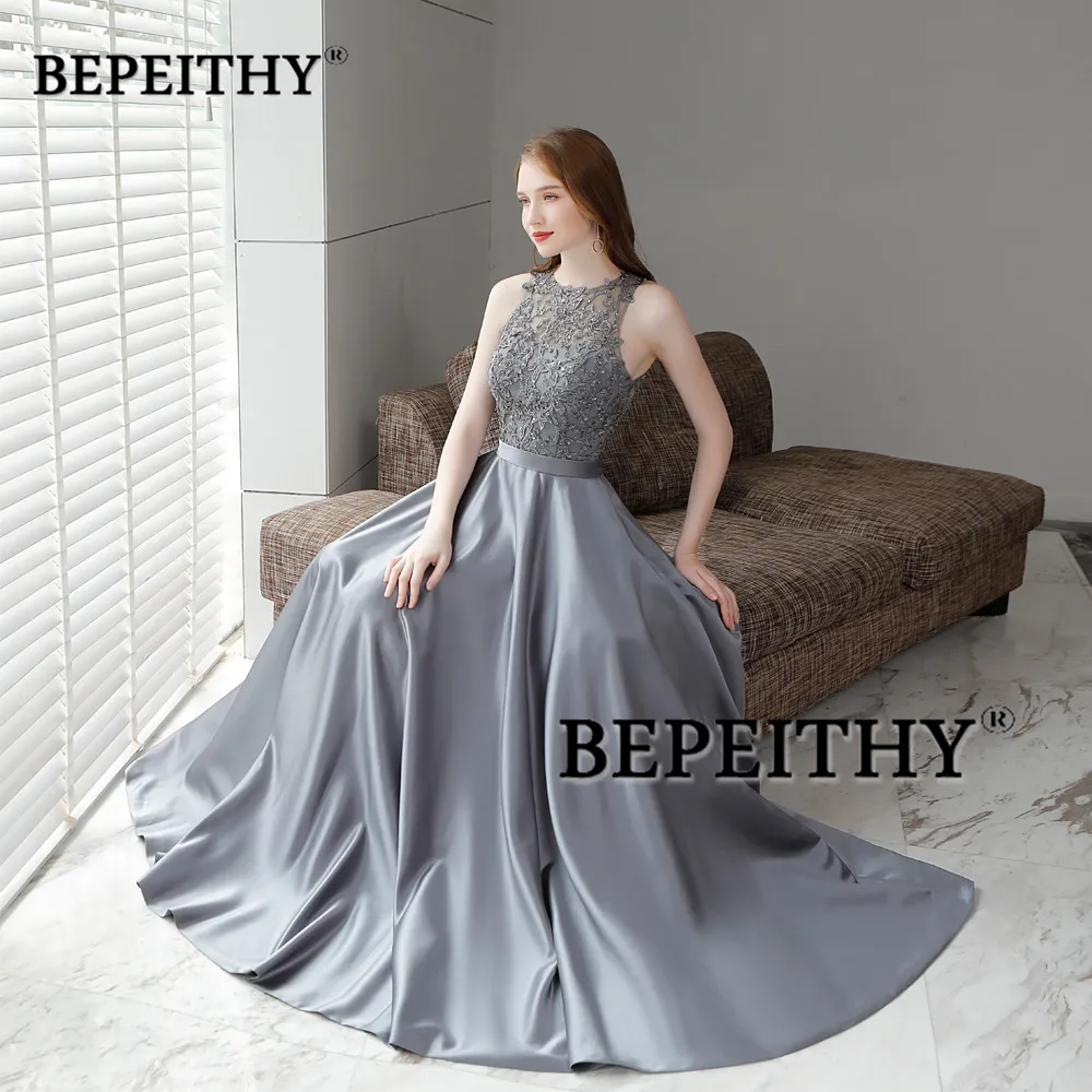 Vestido De Festa Gray Long Evening Dress 2020 O Neck Lace Top Vintage Elegant Prom Party Dresses Abendkleider Hot Sale