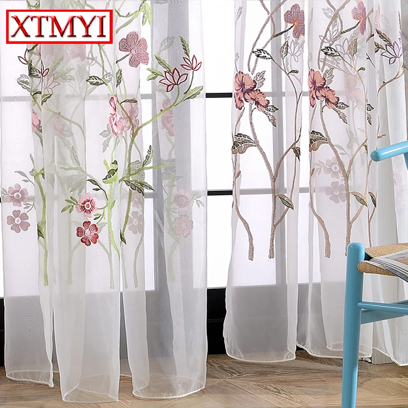 Embroidered Voile Curtains Bedroom Sheer Colorful Flowers Price Is For 1 Piece Of Curtain 2 Size W Means Width H Height 3 Length Free To Adjust Max 7 Meter
