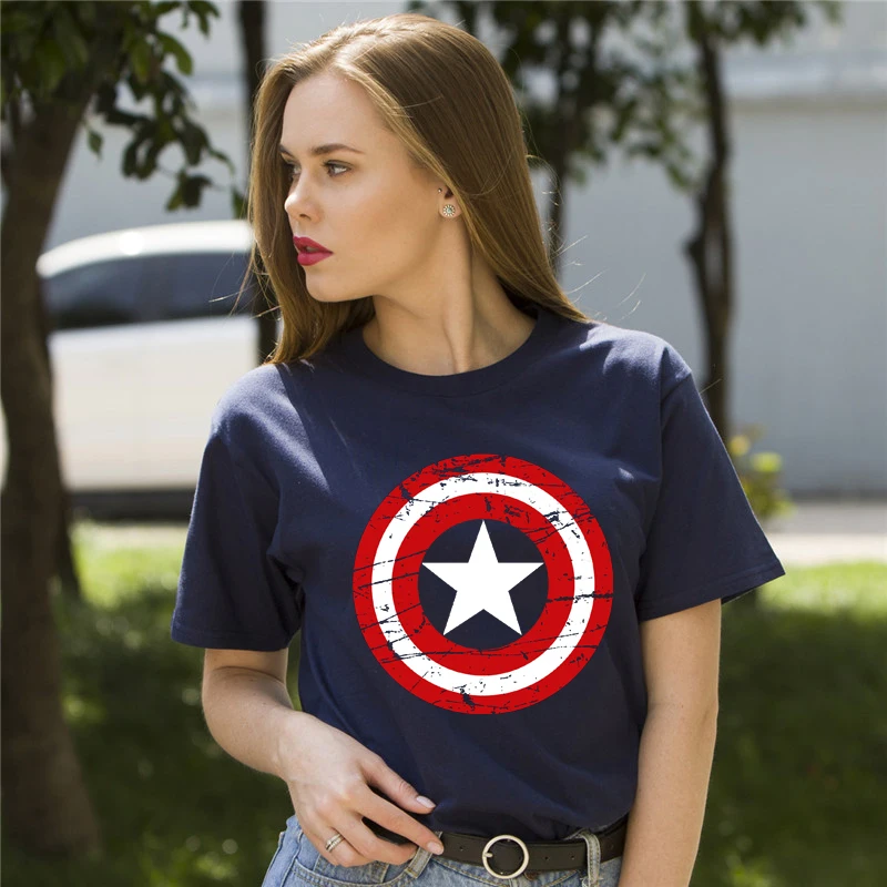 

Fashion Women Clothes Short Sleeve Tshirt Hot High Quality Cotton Girl's Captain America Printed Funny T Shirt Women