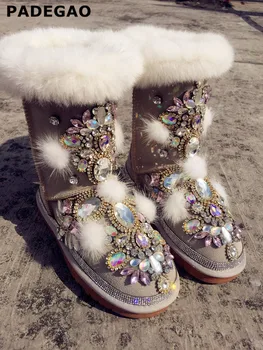 

Handmade custom rex rabbit fur gem leather XL snow boots 35---42