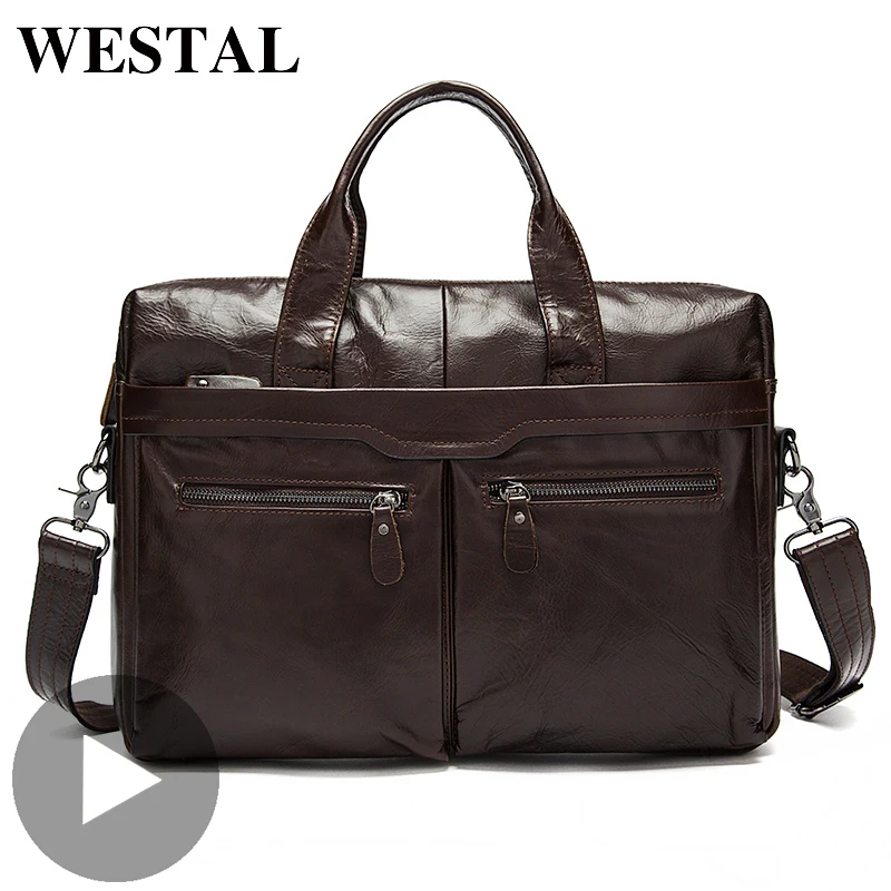 

Westal Genuine Leather Briefcase Shoulder Business Messenger Women Men Bag For Document Work Handbag Male Female Laptop Computer