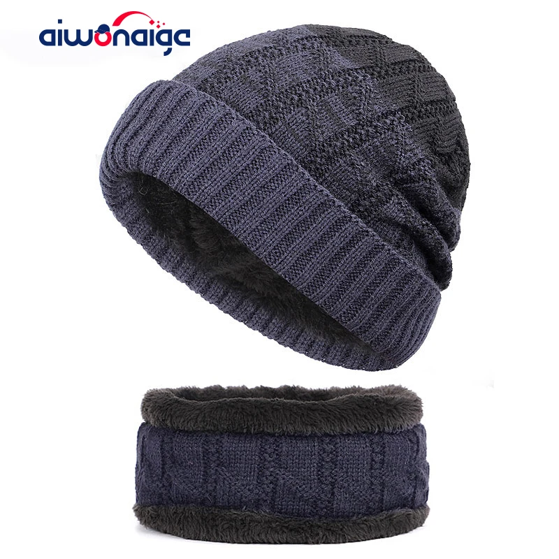 New Fashion Wool Hat Scarf 2 Pieces Set Man Woman High Quality Plus Velvet Thickening Winter Beanie Hat Scarves Male Soft Warm