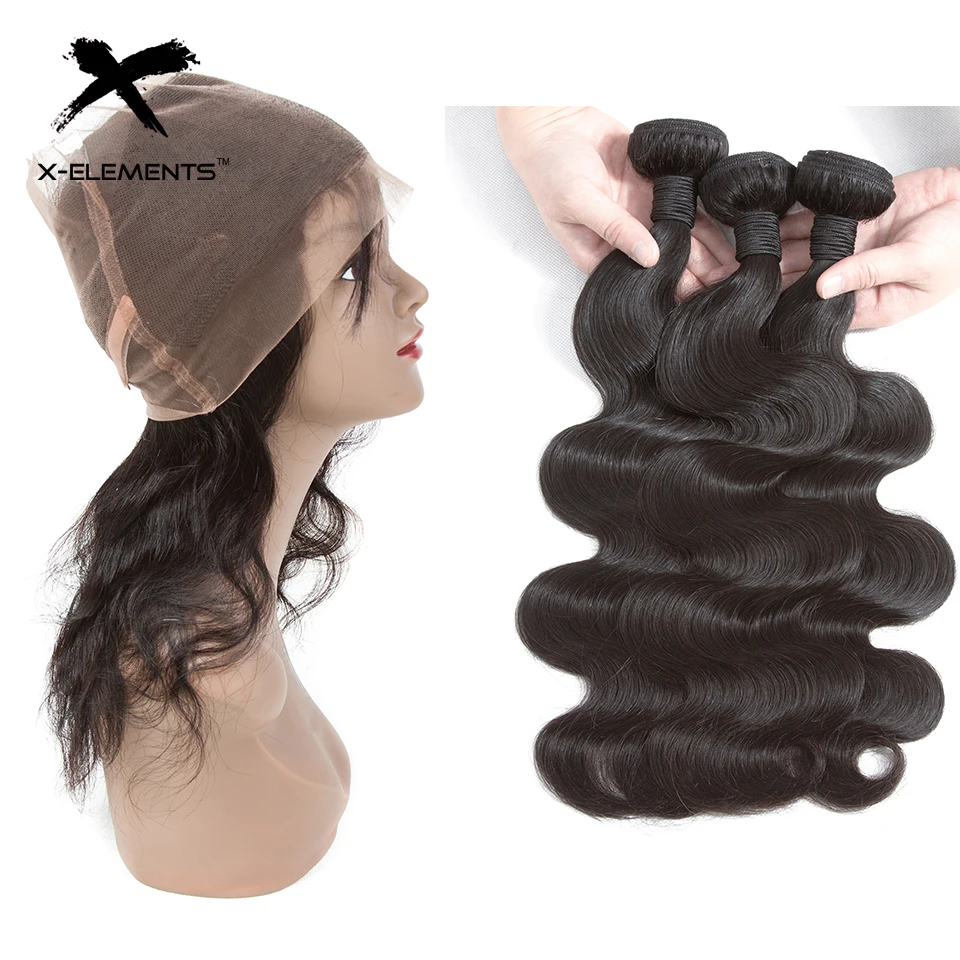 Peruvian Body Wave with 360 Frontal Natural Color Human Hair Weave with Lace Frontal X-Elements Remy Hair Bundles with Frontal (20)