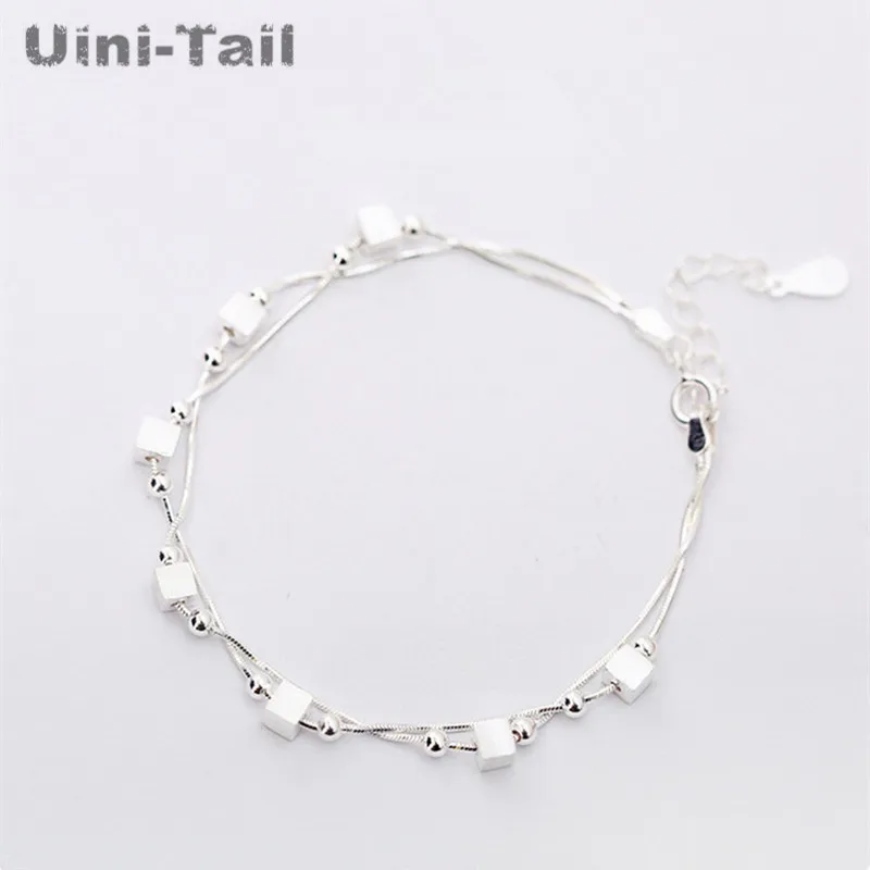 

Uini-Tail hot new 925 sterling silver square bead bracelet literary small fresh three-dimensional square double simple jewelry