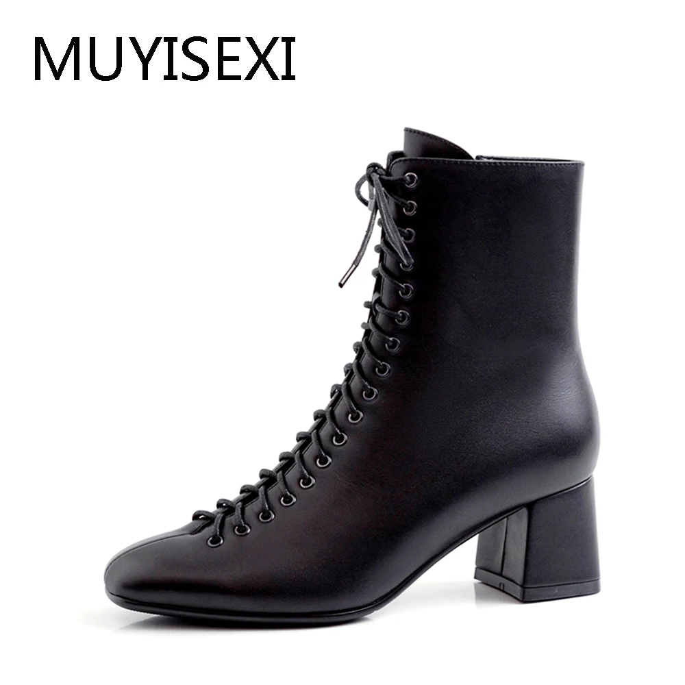 

Thick Heel Boots Zipper Black Women Genuine Leather Fashion Winter High Heels Ankle Boots Motorcycle Boots Shoes WMN05 MUYISEXI