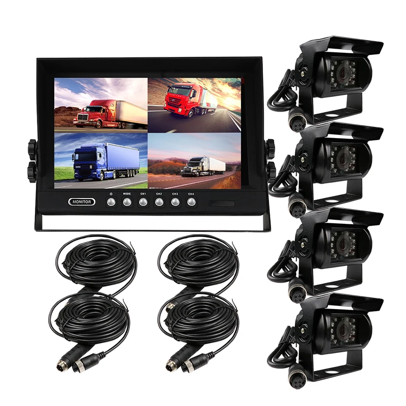

FREE SHIPPING 12-24VDC 9" LCD Quad Split Car Reversing Monitor 4 Channel Video View + IP67 Night Vision Backup Rear View Camera