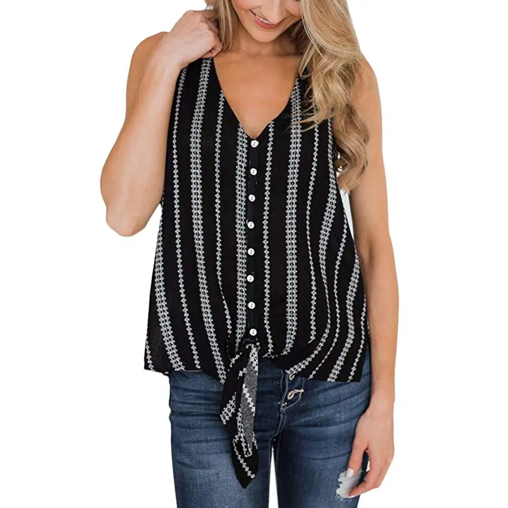 

Women Summer Sexy Fashion V-Neck Button Stripe Vest Top Sleeveless T-Shirt