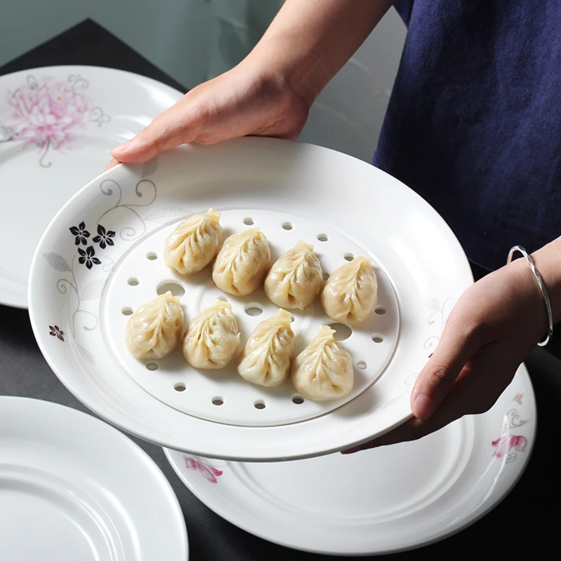 

Creative double-decked ceramic dumpling tray Household large disc 10 inch drainage steamed shrimp dish vegetable dish dumpling t