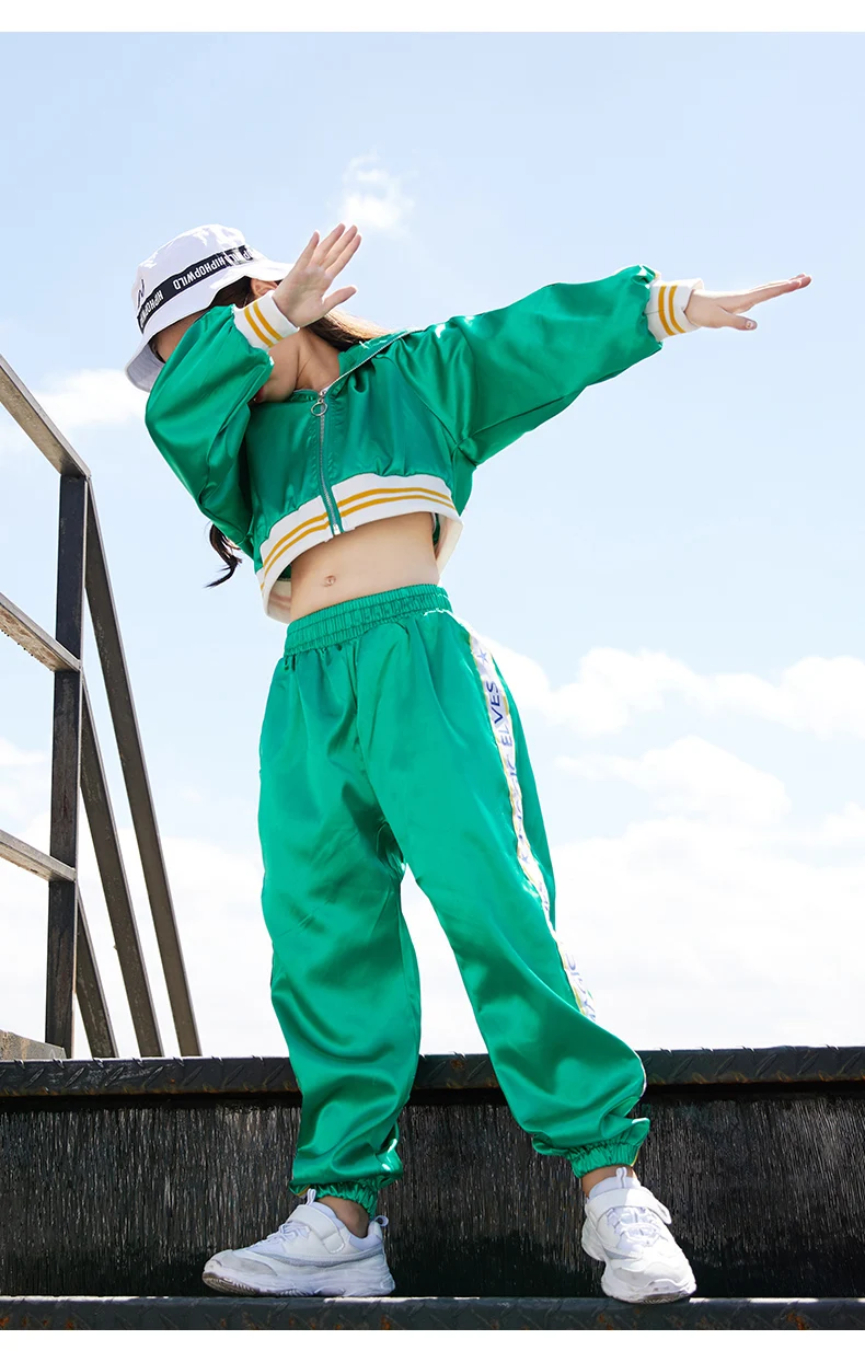 Джазовые костюмы для девочек; белый жилет; зеленая куртка; брюки; спортивная одежда в стиле хип-хоп; детская современная одежда для выступлений; одежда для уличных танцев; DN2617
