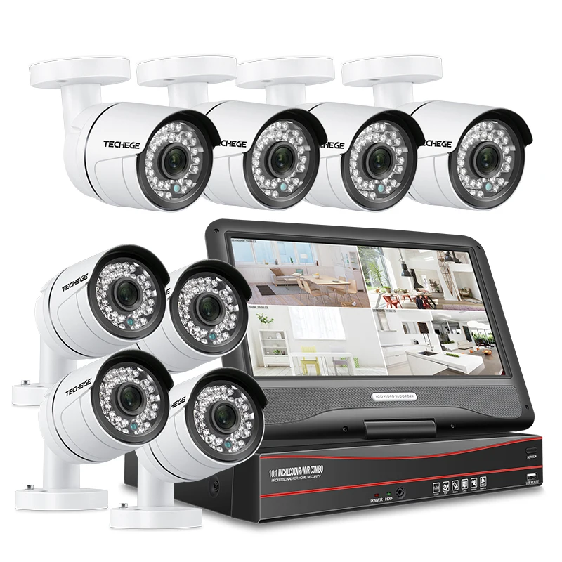 

Techege 8CH PoE Camera Security System 8PCS Outdoor IP Camera 1080P 8CH PoE NVR 10.1'' LCD Monitor Email Alert CCTV Camera Kit