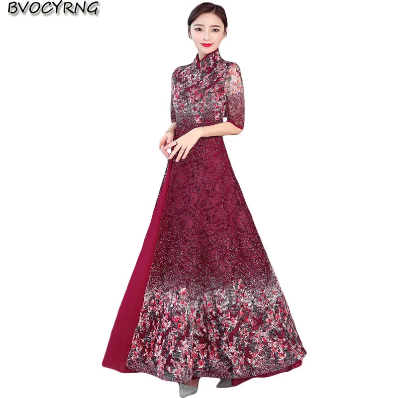 

New Summer women Lace dresses spring Half sleeve Retro Party dress fashion Plus size Slim Chiffon dress female Lengthen dresses