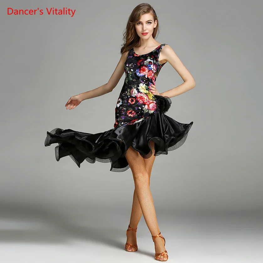 New Design Women Latin Dance Dress Sleeveless Beveled Dress Latin Dance Ballroom Waltz Dance Stage Performance Costumes
