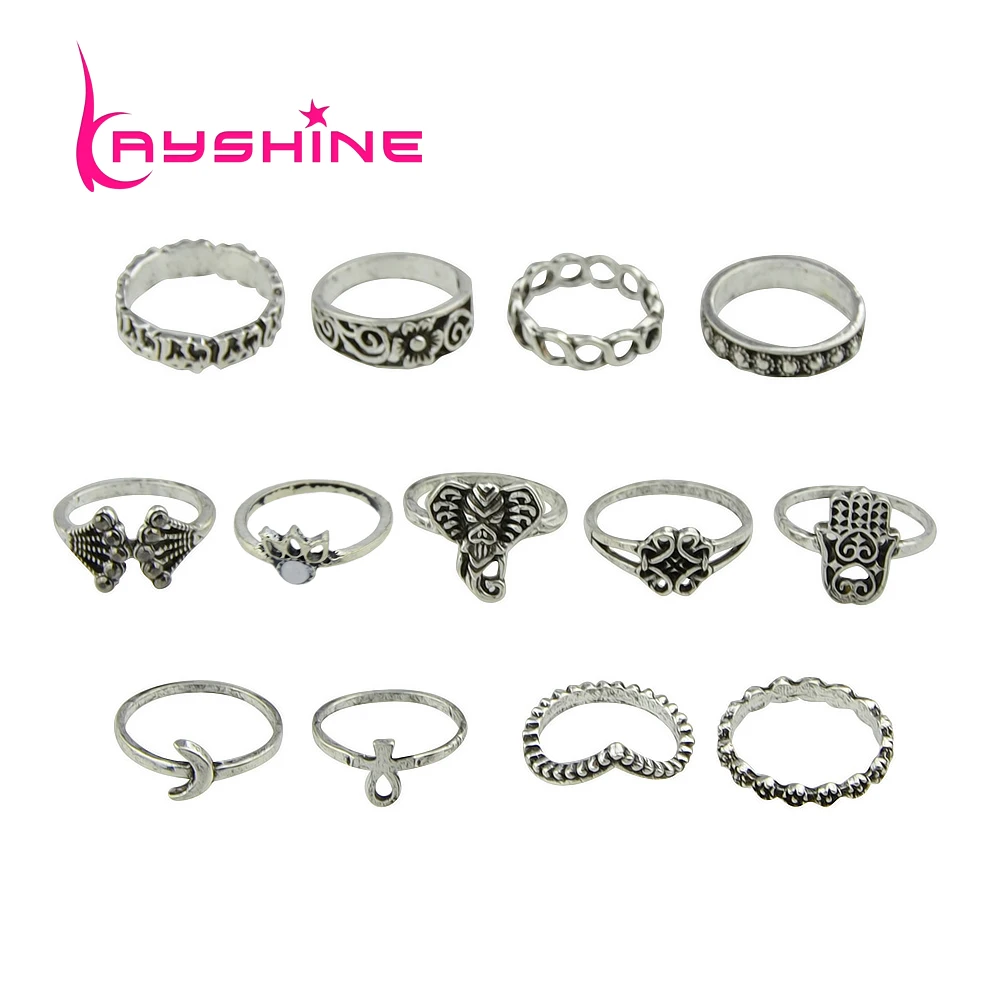 Kayshine 13 pcs/set Antique Gold Silver Color With Moon Elephant Crown Flower Hand Shape Knuckle Ring Set Women Jewelry | Украшения и