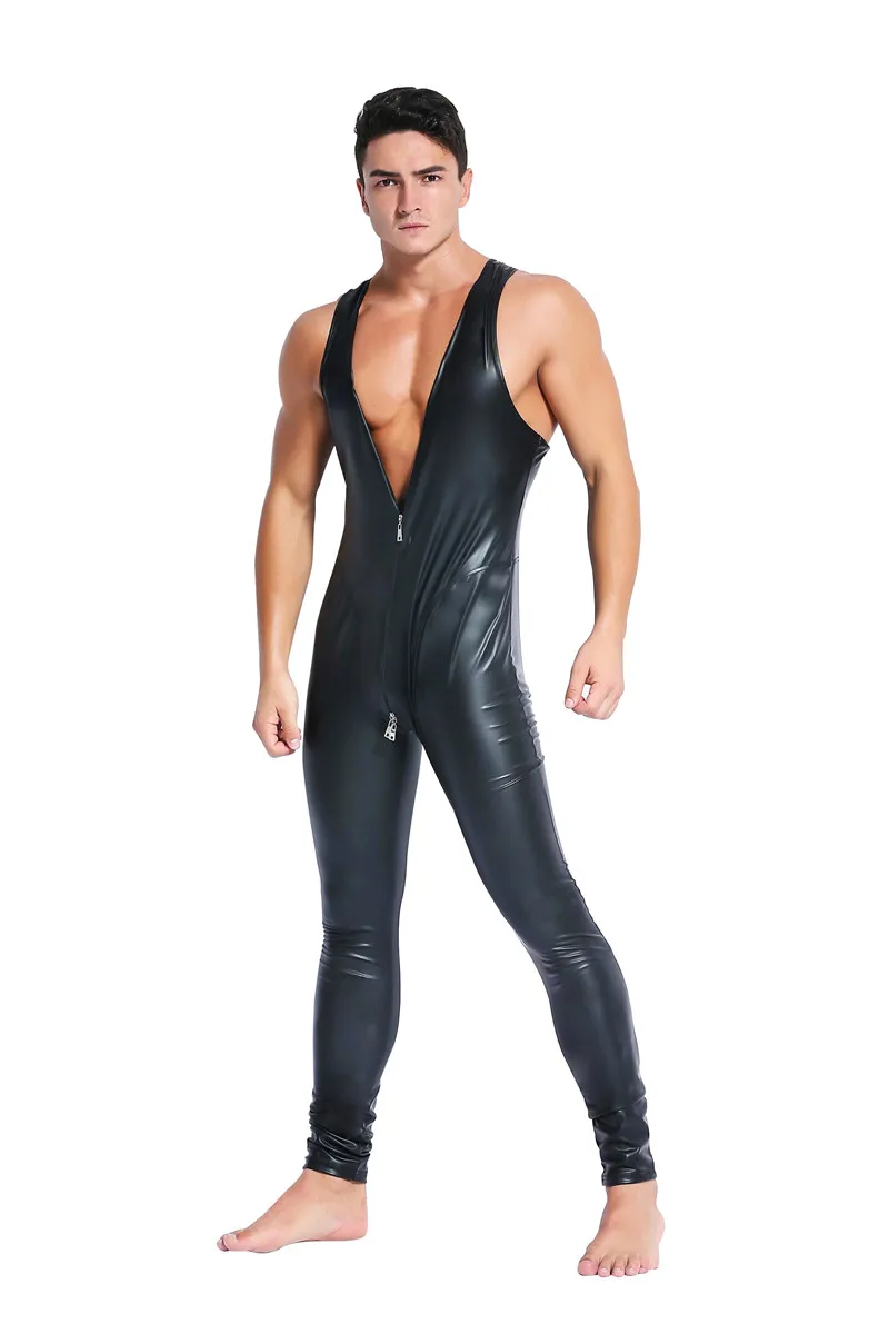 

Plus Size M-XXL Men PU Leather Bodysuit Red Black Open Crotch Zipper Jumpsuit Male Erotic Catsuit Club Stage Costume