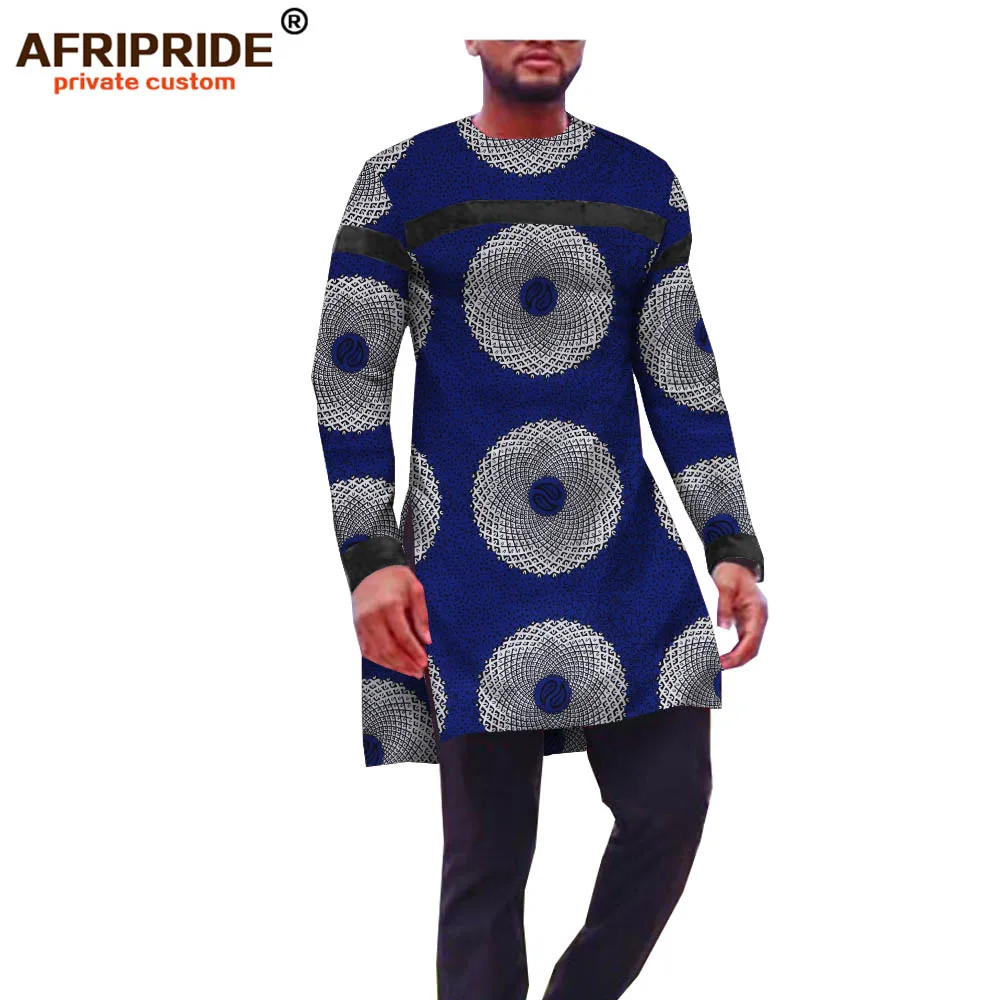 Африканская Повседневная рубашка для мужчин AFRIPRIDE сделанная на заказ рубашка с длинным рукавом и круглым вырезом с длинным разрезом по бокам африканская восковая хлопковая рубашка A1812002