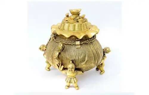

Chinese Bronze Yuanbao Coins God Tongzi Kid Pumpkin Incense Burners Censer2