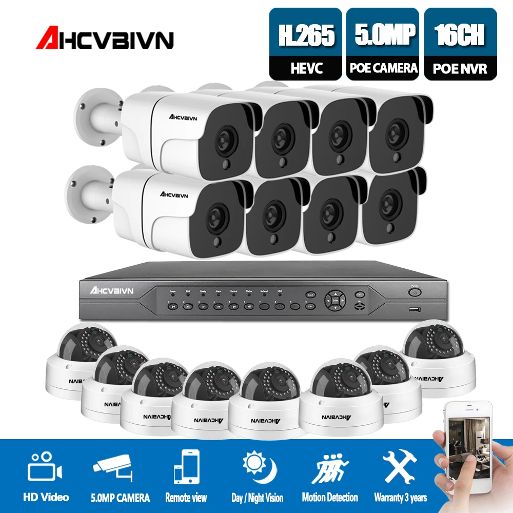 

HD H.265 5.0MP POE Security Camera CCTV System 16CH NVR, 16 pcs 5MP POE IP Camera In/Outdoor Day/Night View Surveillance Kit P2P