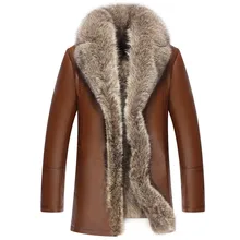 Мужская большая Шуба с воротником из меха енота, меховая подкладка из овчины, натуральная кожа, верхняя одежда, куртка средней длины ST15C8852