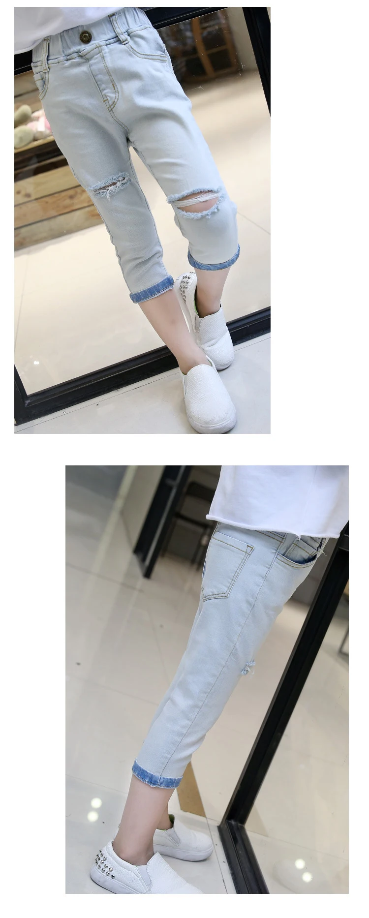 fashion 2018 children broken hole denim pants for big girls mid waist solid ripped jeans spring summer baby jeans kids clothing (5)