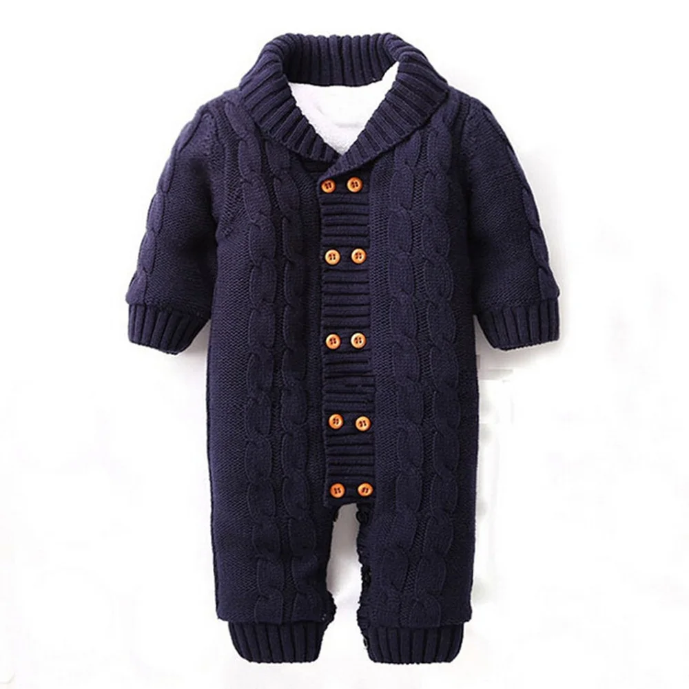  Winter Newborns Baby Button Rompers Lapel Knitted Thickened Sweater Jumpsuit Velvet Fashion Coat CL