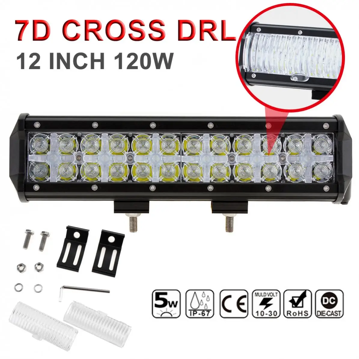 

7D Cross DRL 12 Inch 120W LED Work Light Bar 5W x 24 LED Spot Flood Beam Combo Led Offroad Work Lamp for SUV & Truck & ATV