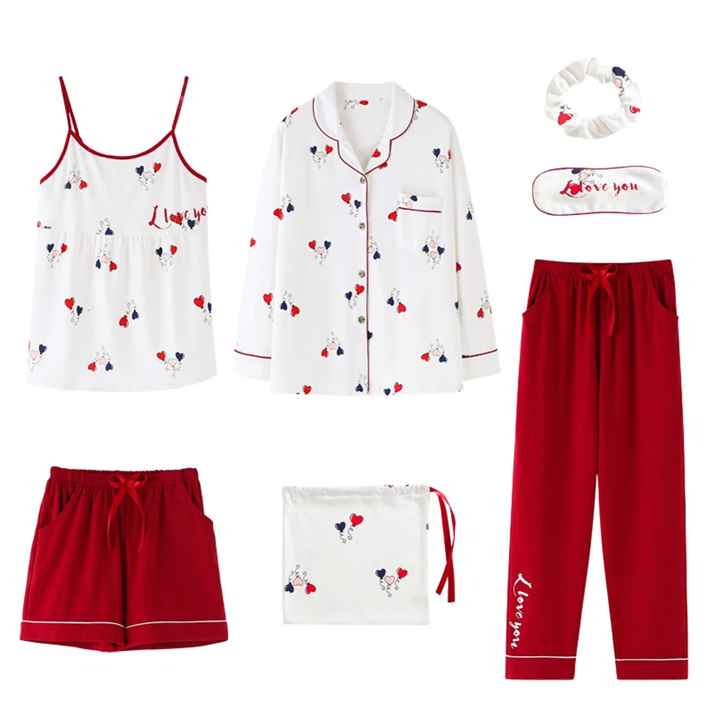 

Cute women pyjamas 7-piece love print four seasons wear casual home clothing student girls fashion pajamas winter sleepwear set