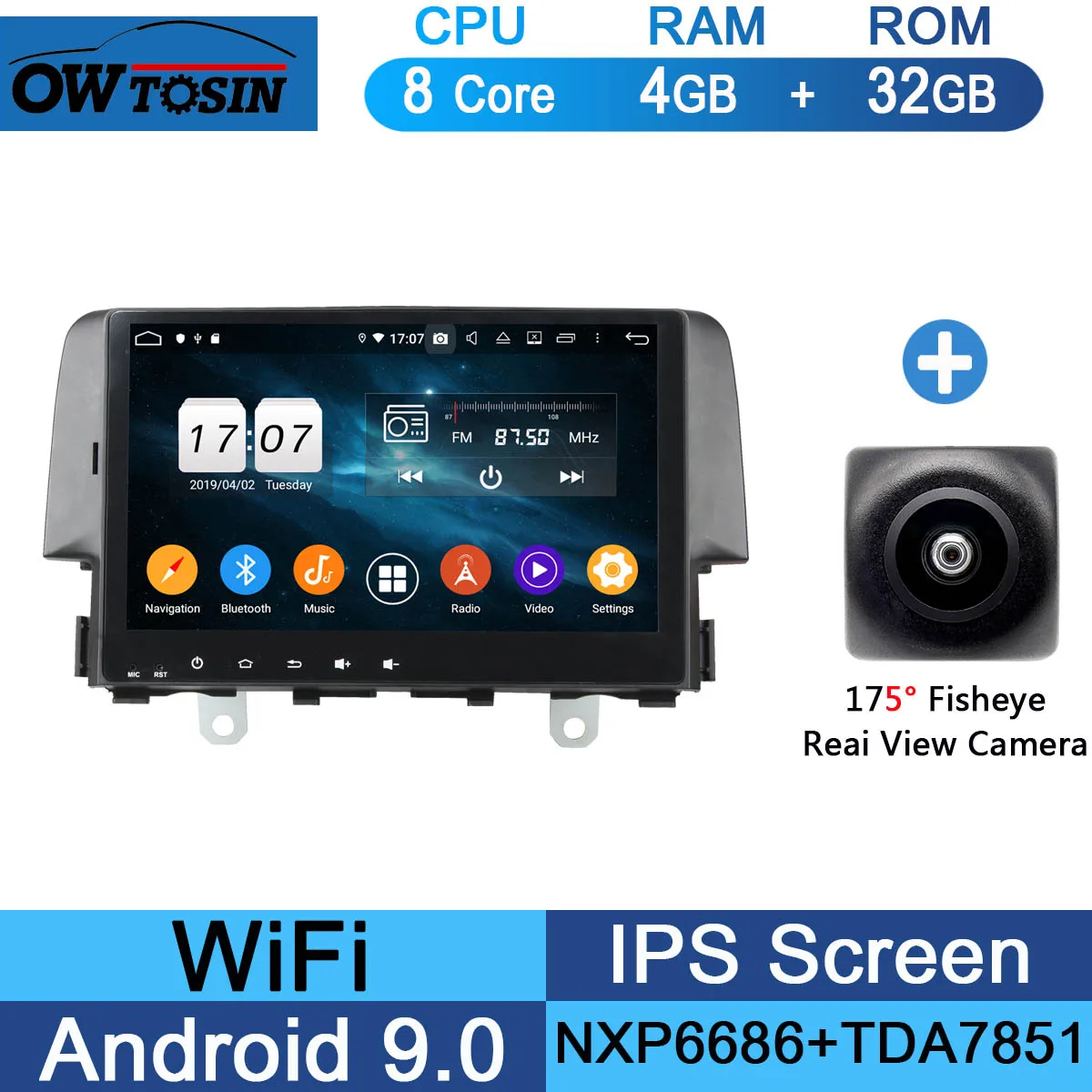 " ips 8 Core 4G+ 64G Android 9,0 автомобильный DVD мультимедийный плеер для Honda Civic GPS Радио Стерео CarPlay Parrot BT - Цвет: 32G Fisheye Camera