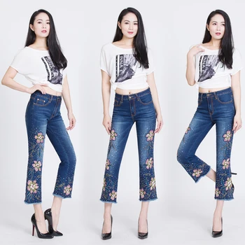 

Brand Embroidered Pants 2019 Handmade Beading Pants Female High Waist Jeans Beautiful Clothes Ladies Sweet Blue Pants Plus Size
